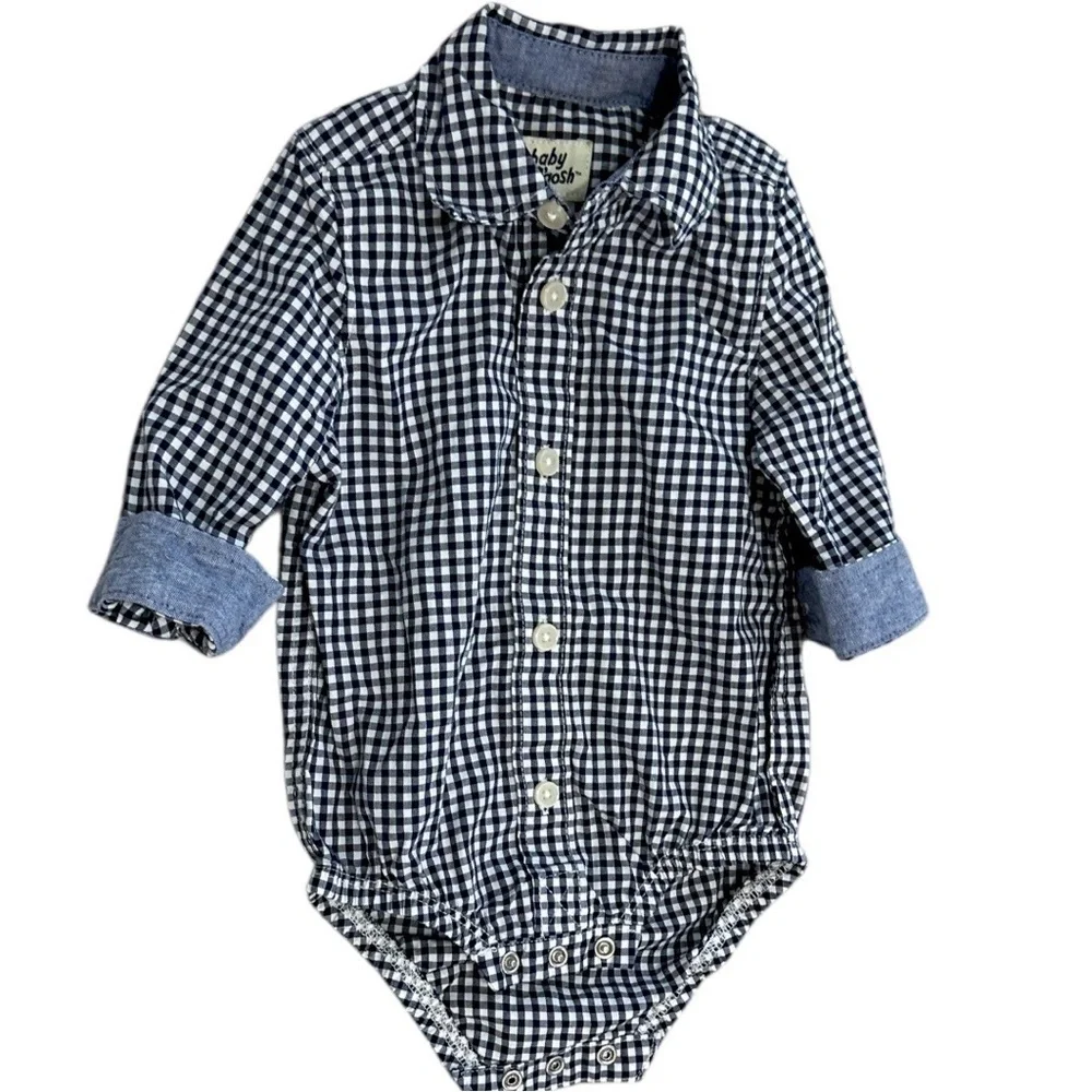 Oshkosh B’Gosh Baby Boy Navy White Gingham Checkered Button-Front Bodysuit